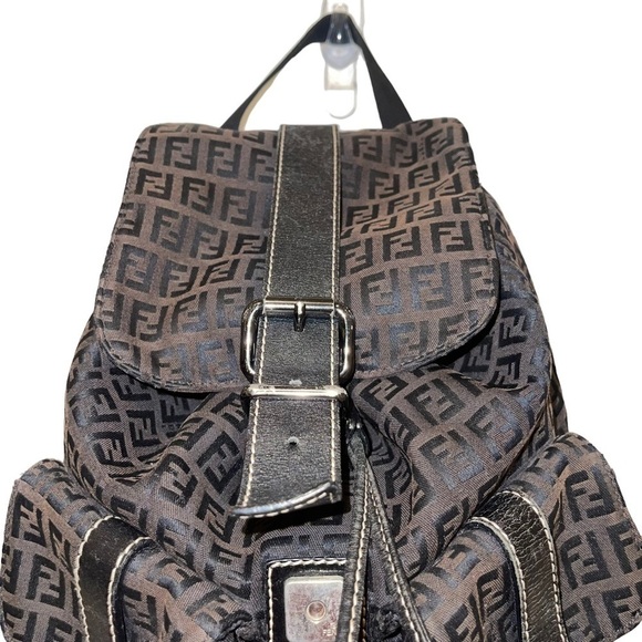 Fendi Brown Zucca Monogram Canvas & Textured Calfskin Leather Vintage Ba… - Picture 8 of 11